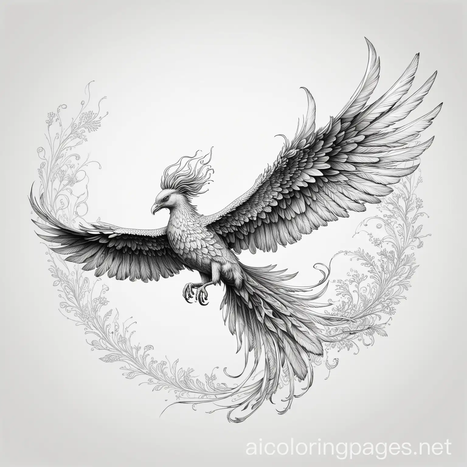 a flying phoenix with a long tail covering in an enchanting world, Coloring Page, black and white, line art, white background, Simplicity, Ample White Space