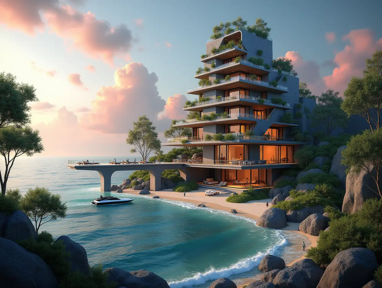 Create a high-resolution, realistic panorama image of a futuristic terrace building with window pyramid house with bridge, a yacht and a small beach with people, many plants and gray and brown facades with sea with waves, large trees, red clouds