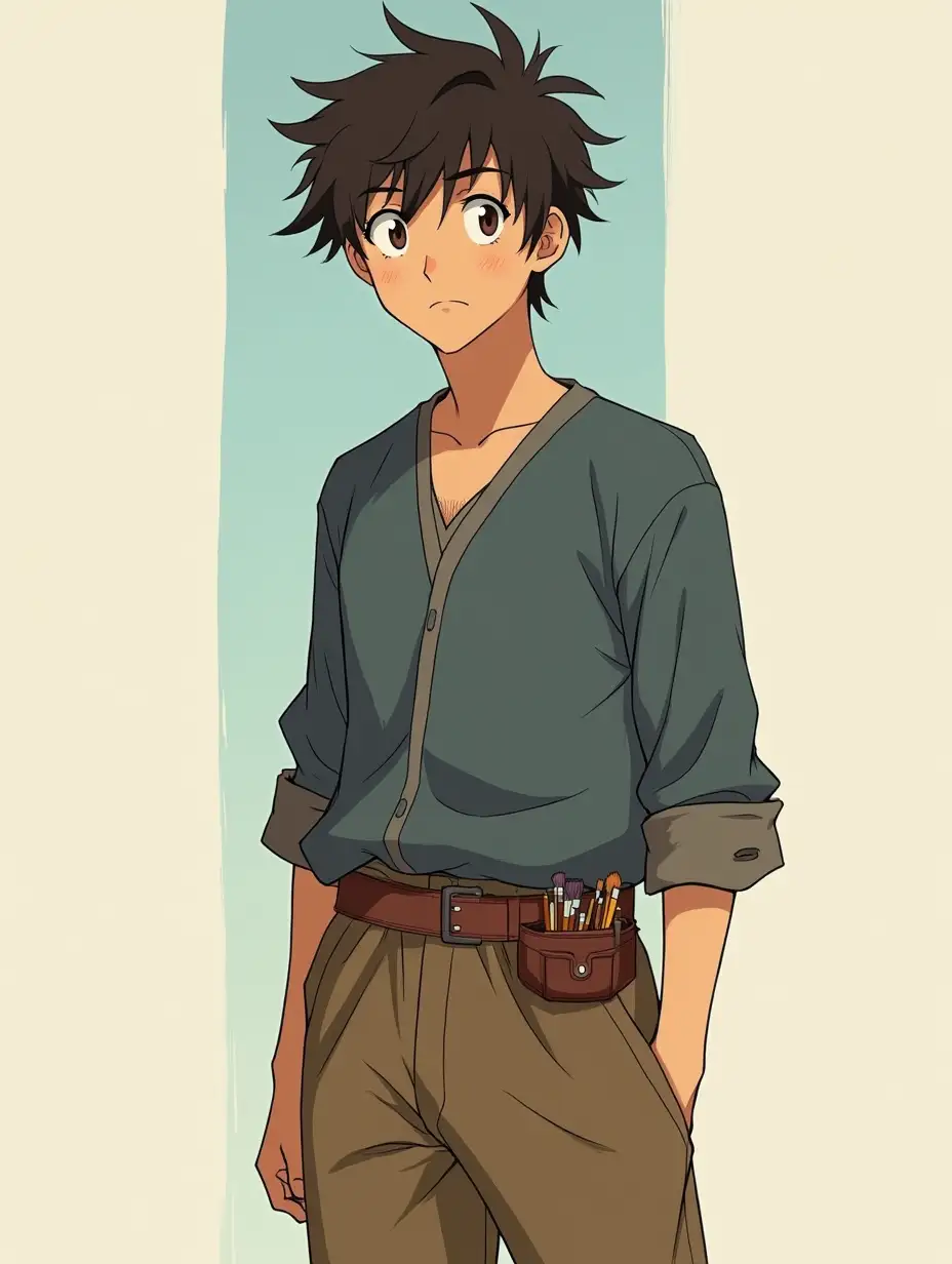 Young, perhaps 22 years old, with a lean build. He has messy, dark brown hair that often falls into his eyes, hinting at a somewhat carefree or perhaps distracted nature. His eyes are likely bright and expressive, reflecting his eagerness and passion for art. Clothing Style: Practical and simple, suitable for an artist's apprentice. His clothes are likely functional and allow for freedom of movement, but they might also bear the marks of his craft, such as paint stains. Main Outfit: A slightly paint-stained cotton tunic in a muted color, such as a deep blue or earthy brown, worn over loose-fitting trousers of a similar practical color. He might have a simple cloth belt or sash around his waist. A small leather pouch attached to his belt could hold brushes and small supplies. in the style of a Studio Ghibli film.