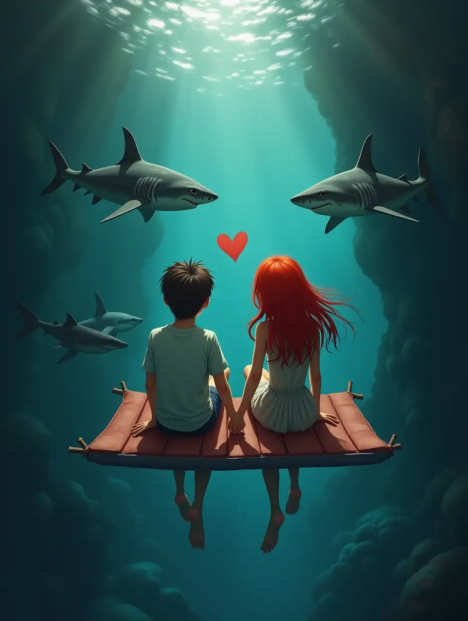 Red Waterfall. A boy and a red-haired girl in love float on a raft holding hands. Around them are sharks