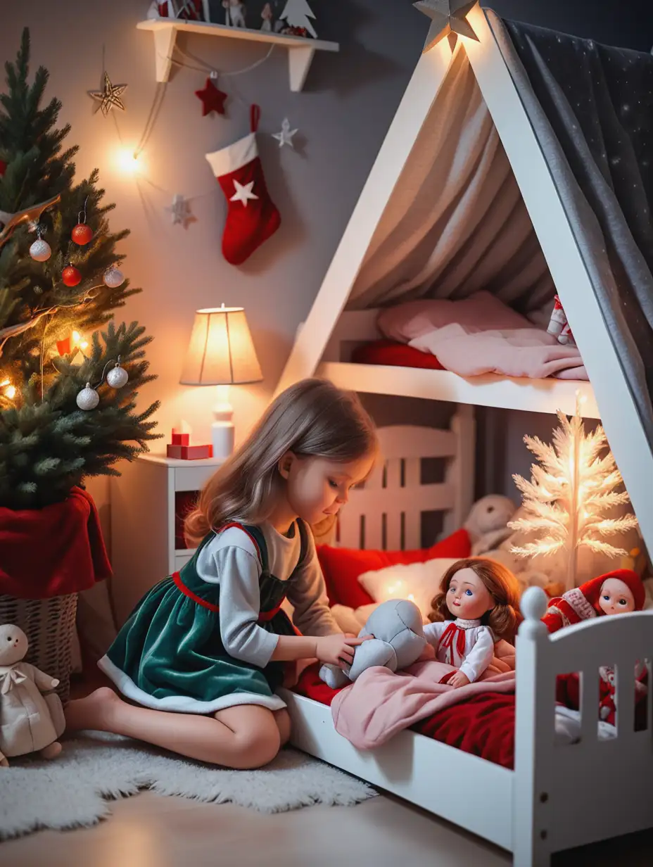 Girl-Putting-a-Doll-to-Bed-in-Cozy-Childrens-Christmas-Corner