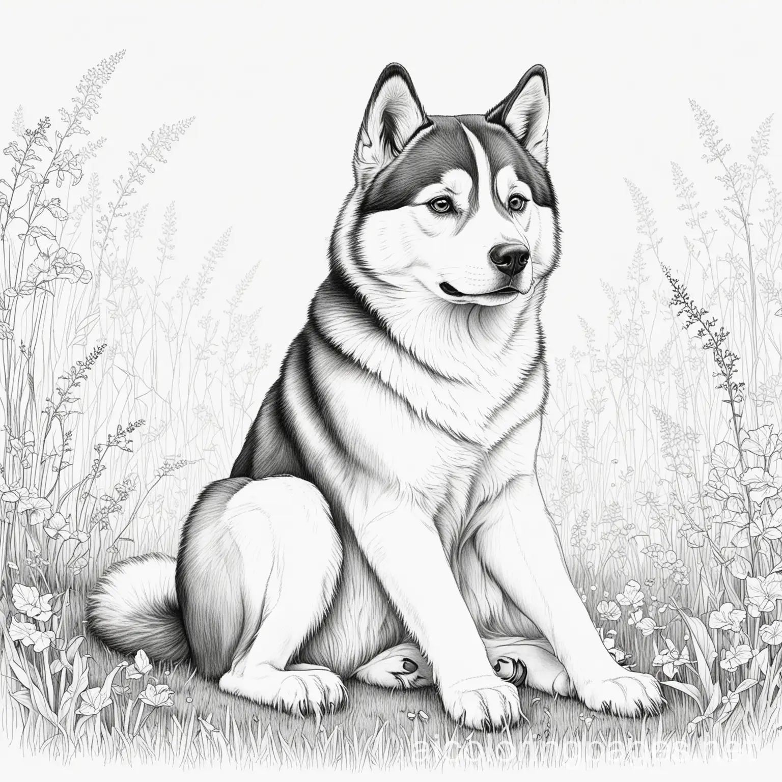 Huskey sitting on the grass, Coloring Page, black and white, line art, white background, Simplicity, Ample White Space. The background of the coloring page is plain white to make it easy for young children to color within the lines. The outlines of all the subjects are easy to distinguish, making it simple for kids to color without too much difficulty