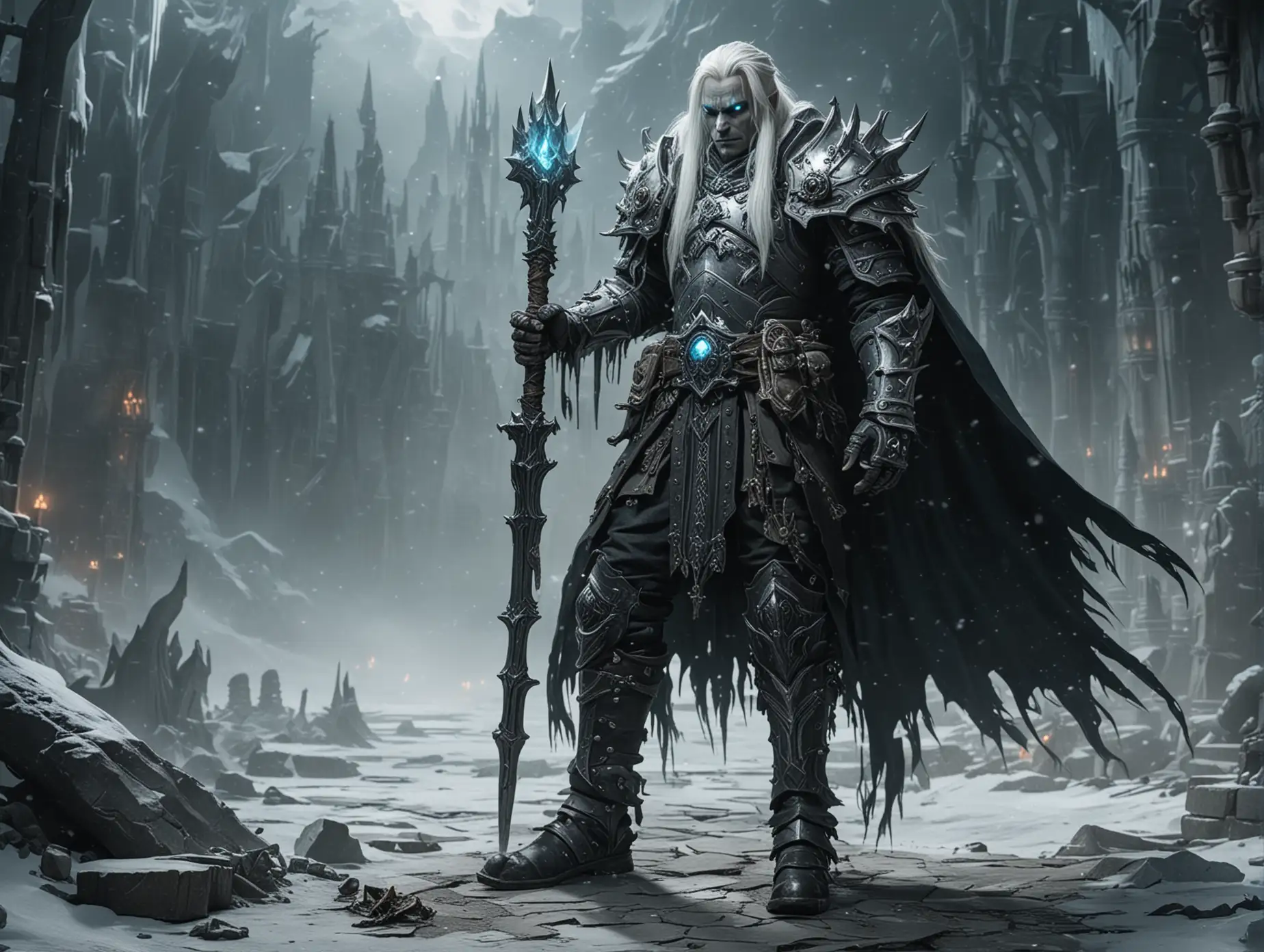 The Lich king with long white hair in boots, without a helmet, is preparing a spell