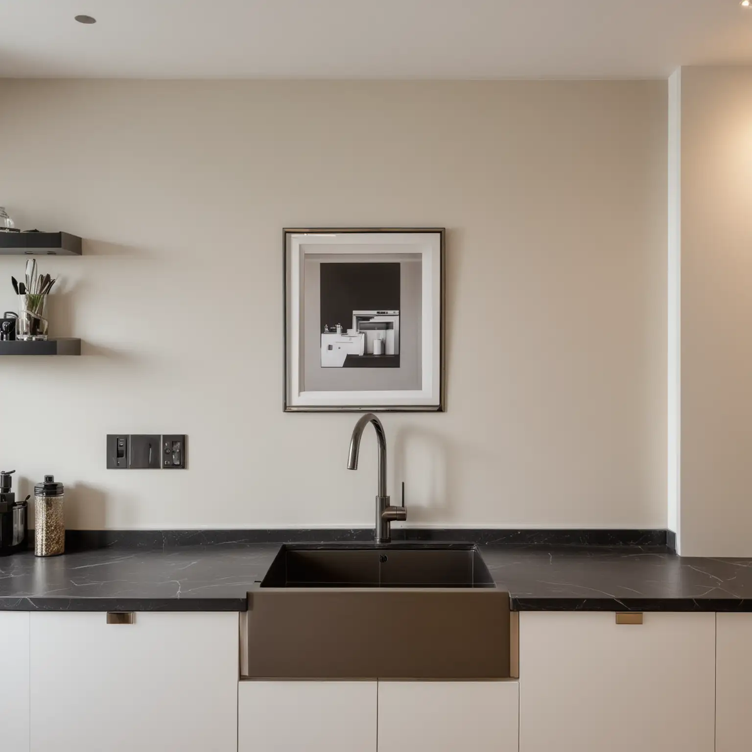 Create a photo of a high-tech fitted kitchen, with blank wall space above the built in sink unit to place a small artwork 40x50cm in size. The photo is set in a luxury, 'state of the art' apartment in London 2025.
