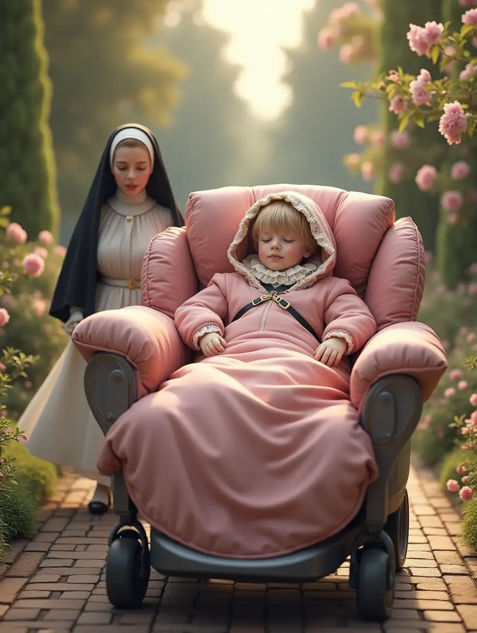 A high-quality, photorealistic image in 4K, illustrating a tender scene of an 18-year-old blonde gentle boy reclining in an oversized, comfortable electric fantastically technological, robotics fancy safety seat for the disabled, with plump pink satin cushions and high headrest, surrounded by soft pink silk cushions. His body is fully encased in a thick, quilted sleeping bag, strapped securely to the chair. His head is hidden in a fluffy hood, with lace ruffles framing his face, the hands are enclosed in large plump mittens without fingers. The morning sun illuminates a blooming garden path where a young woman in a 19th-century victorian nun uniform, adorned with a voluminous crinoline, gently pushes the chair. The artwork features complex details and an ultra-realistic style, capturing the essence of the tranquil moment.