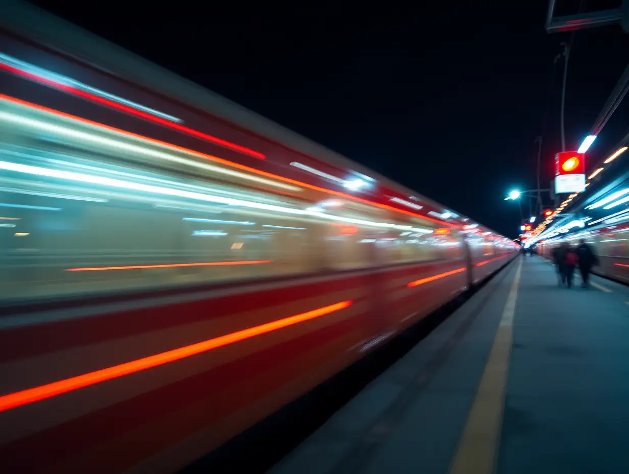 A high-speed train blazes past, leaving a trail of blurred lights and vibrant energy, showcasing the essence of rapid urban transit.