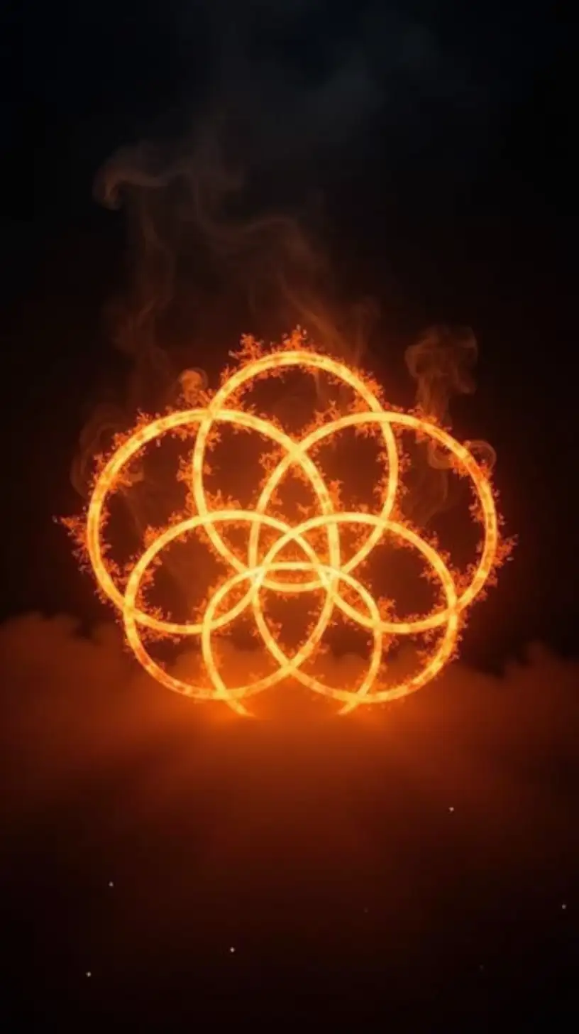 A dark, smoky studio with a black background. In the center, six large, vibrant glowing loops of light form the Flower of Life pattern. The loops radiate a fiery golden hue with a slight red tint, slightly overlapping to create depth and symmetry. Three loops are positioned on the left and three on the right, their glow illuminating the hazy, smoky environment around them. The atmosphere is surreal and moody, with the focus entirely on the glowing, energetic rings, emphasizing movement, intensity, and the intricate beauty of the design.