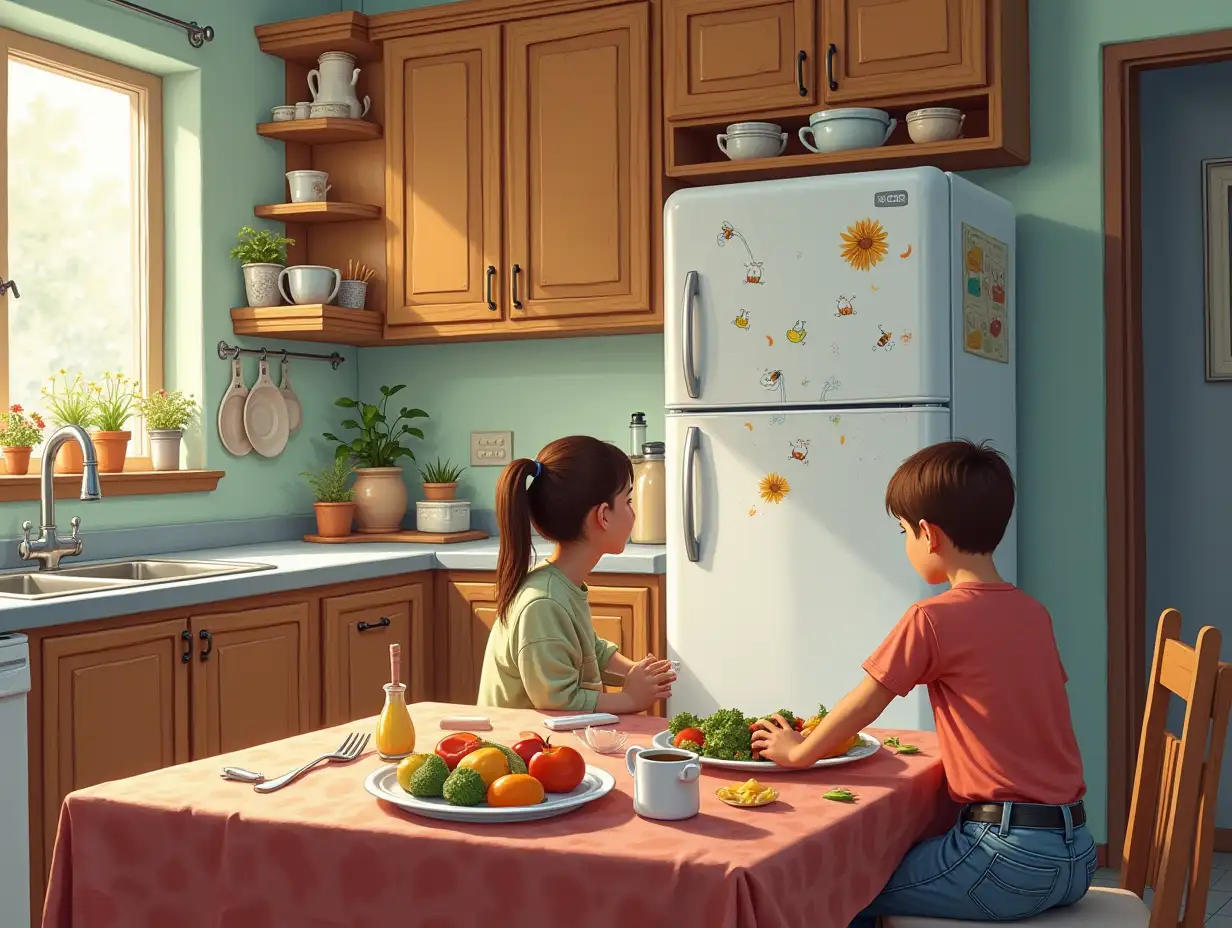 Messy-Kitchen-Scene-with-Kids-Drawing-on-Fridge