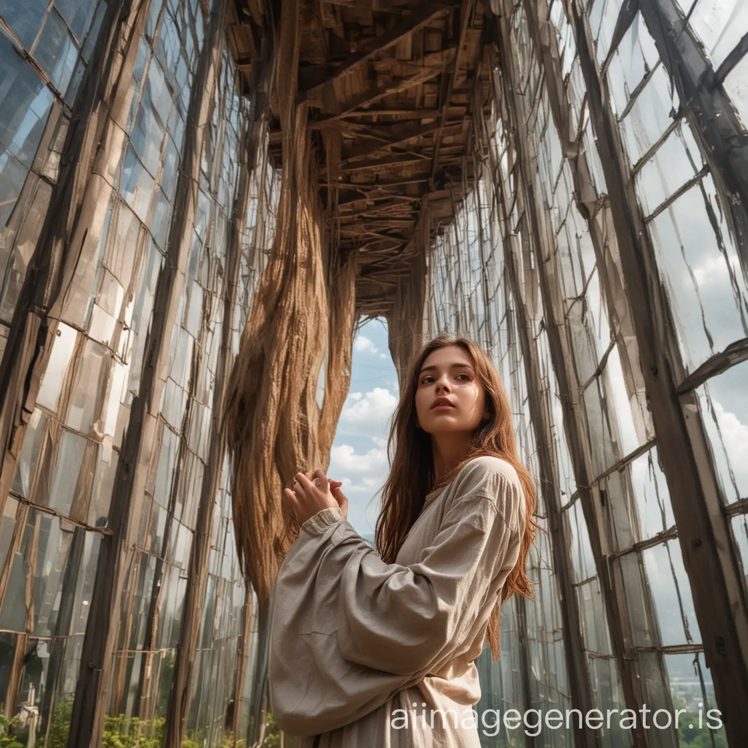 generate for me an image of a tall brown-haired girl with brown eyes on top of an enormous glass tower in nature