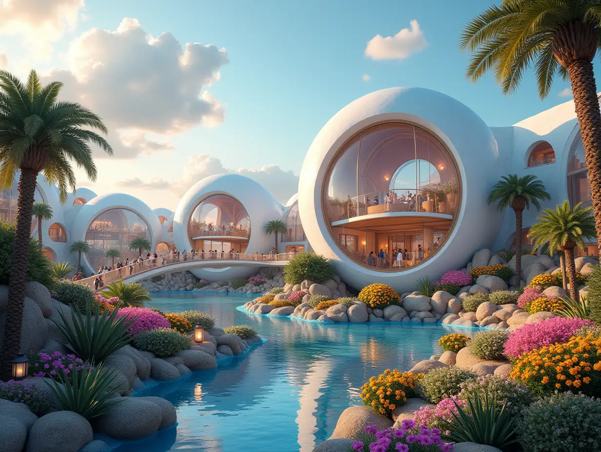 Create a high-resolution, realistic panorama image of a futuristic bubble palace with window bridge, one and one with many people, many plants and colorful flowers colorful buildings on the sidewalk lit lanterns desert oasis, big trees, very cloudy sky