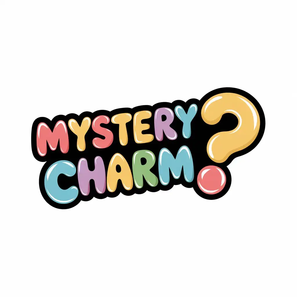 LOGO Design for Mystery Charm Kawaii Bubble Letters with Big Question Mark on White Background