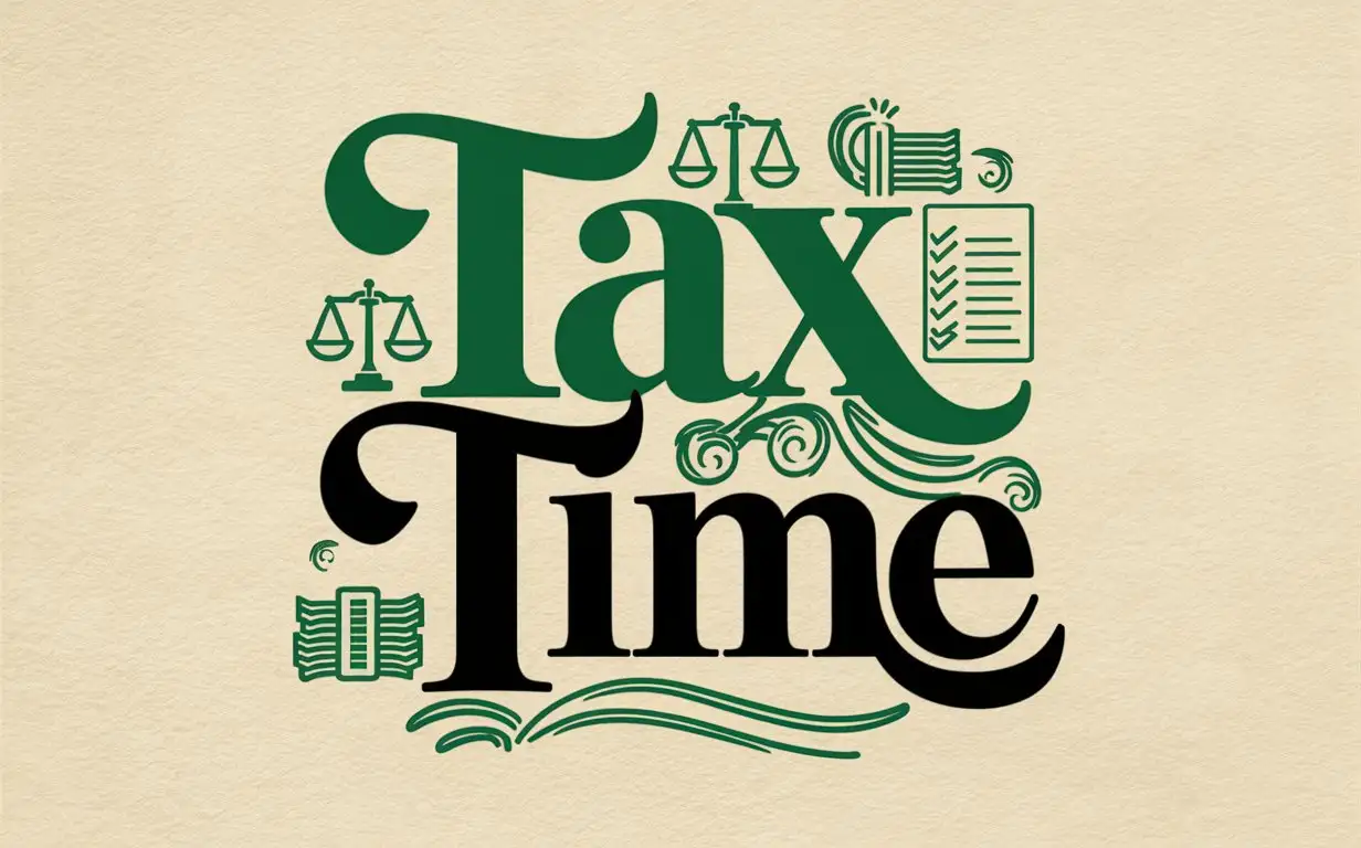 Tax text in elegant serif font with a combination of green and black, placed on a textured cream background with line art of scales, money stacks, and a checklist for a balanced and clear design.