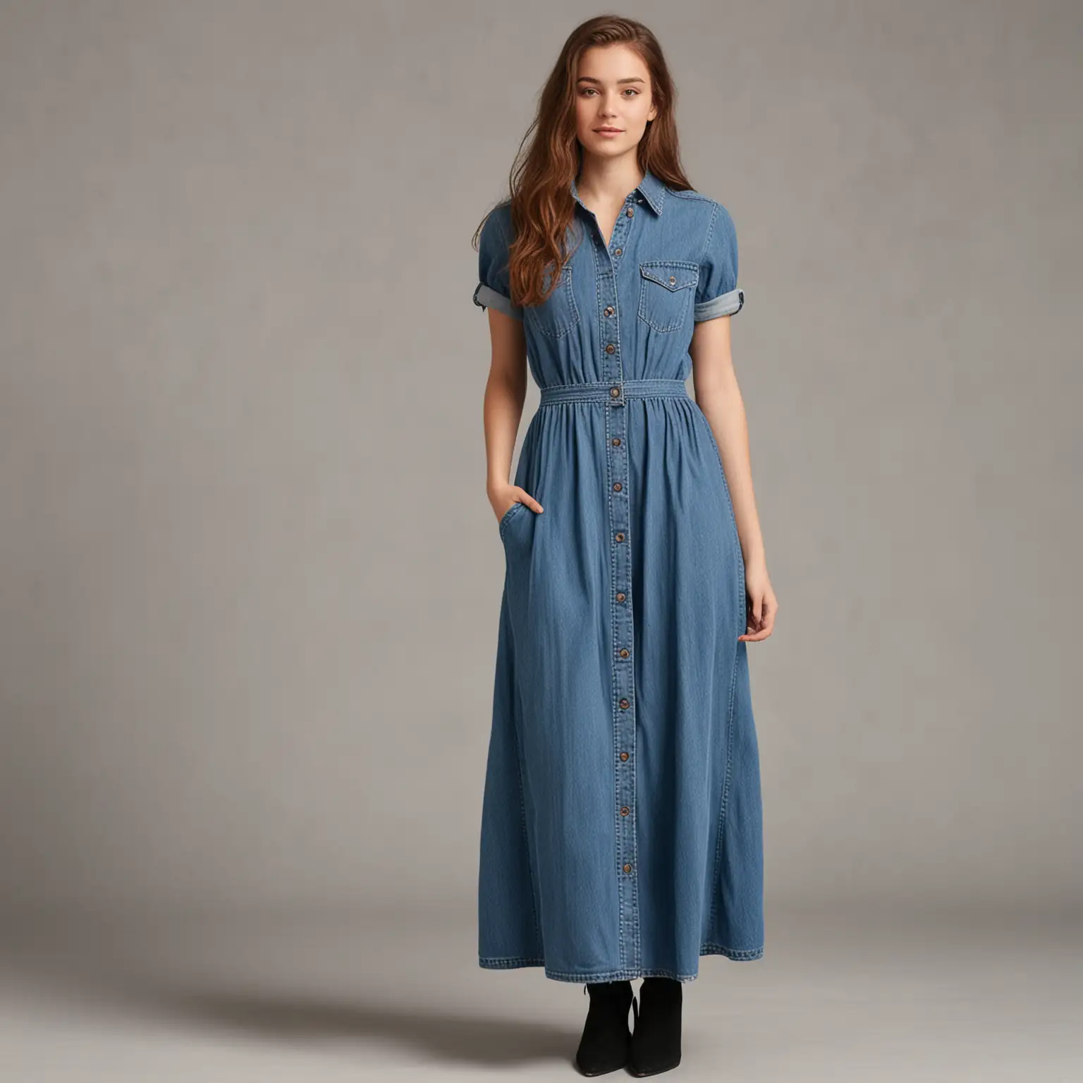 Young Woman in Elegant Denim Dress