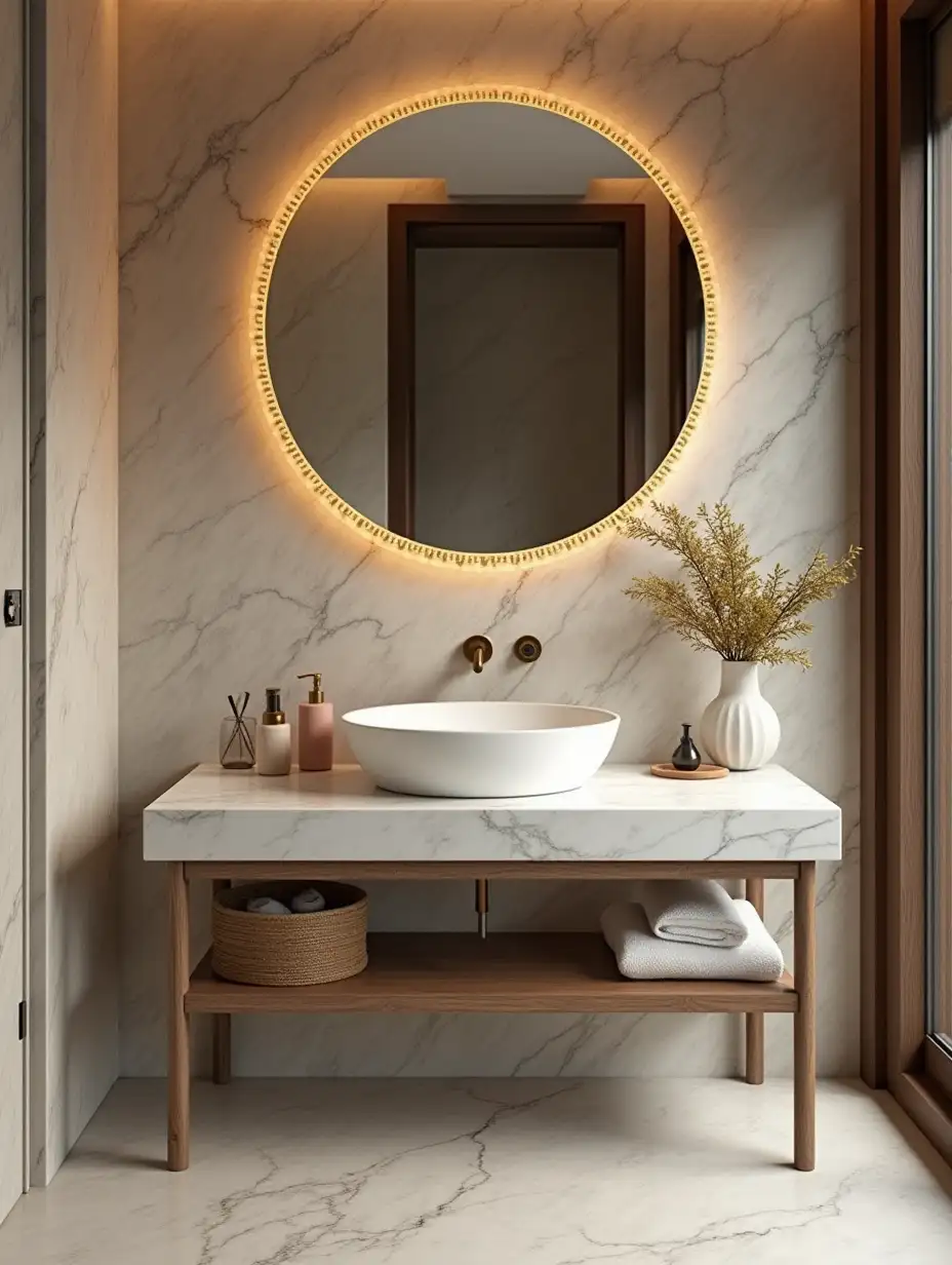 Perforation, marble sink stand, world, golden section, bathroom interior in style