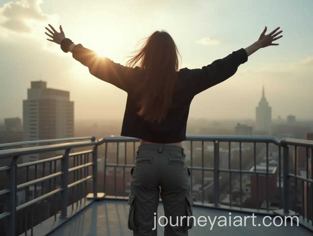 Woman-in-Street-Style-Expressing-Freedom-on-Building-Rooftop-at-Sunrise