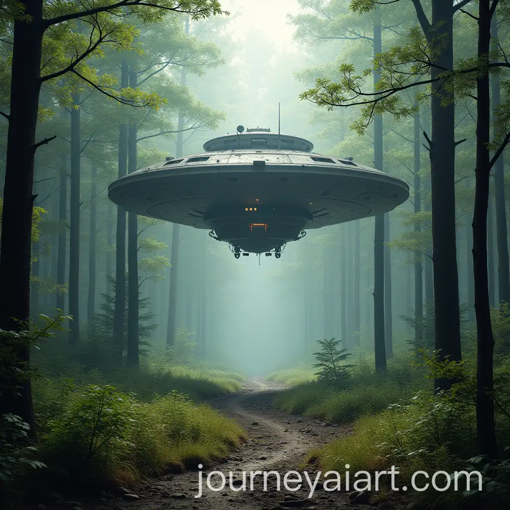 Space-Ship-Landing-in-a-Secluded-Forest-Area-with-StarfieldInspired-Design