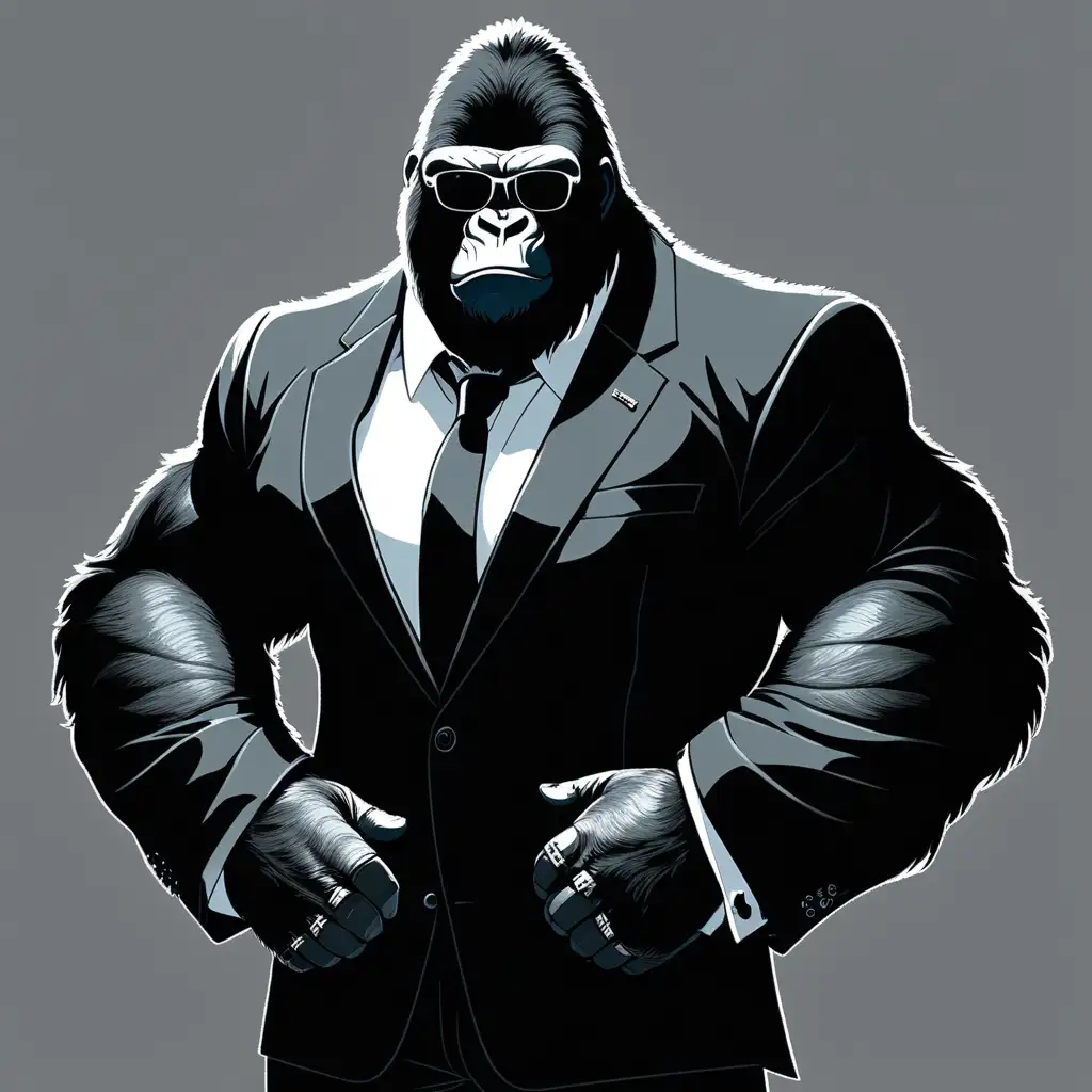 Powerful Gorilla in a Black Suit with Sunglasses