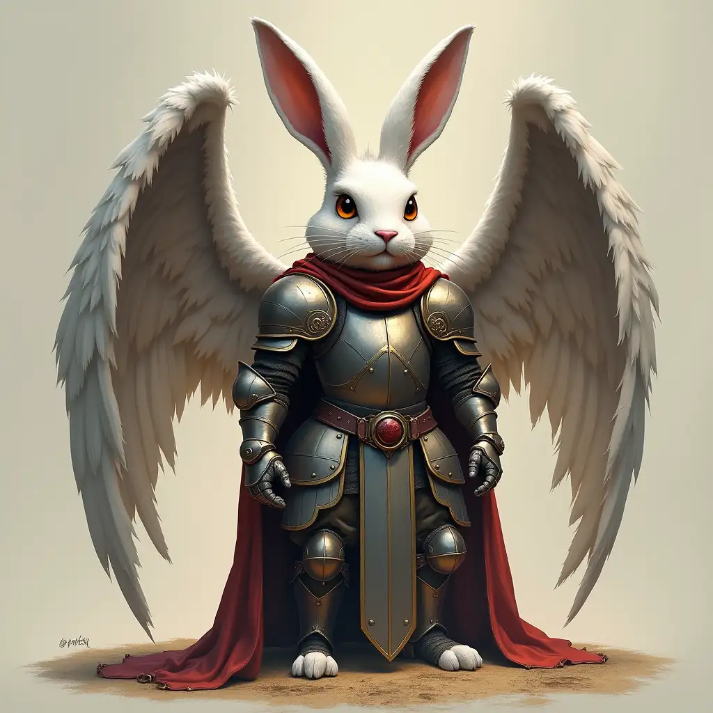 Medieval Rabbit Paladin in Armor with Grounded Wings