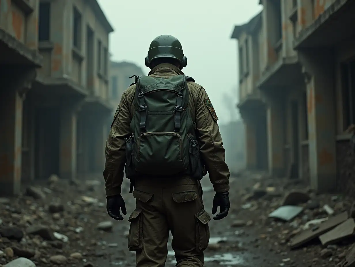 A survivor in camouflage and with a backpack sneaks through the ruins of a city