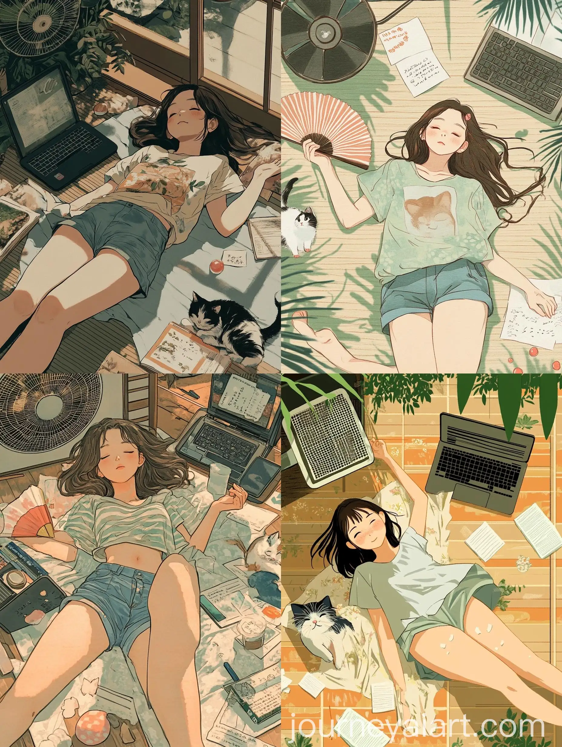 Whimsical-Summer-Day-with-Girl-Laptop-and-Cat-in-GhibliInspired-Art-Style