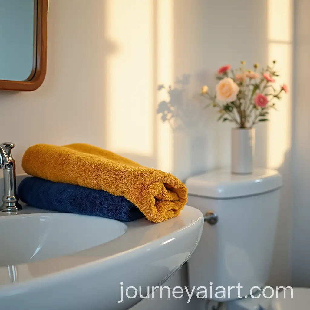 CloseUp-of-Towels-on-White-Bathroom-Sink-with-Mustard-and-Navy-Blue-Decor