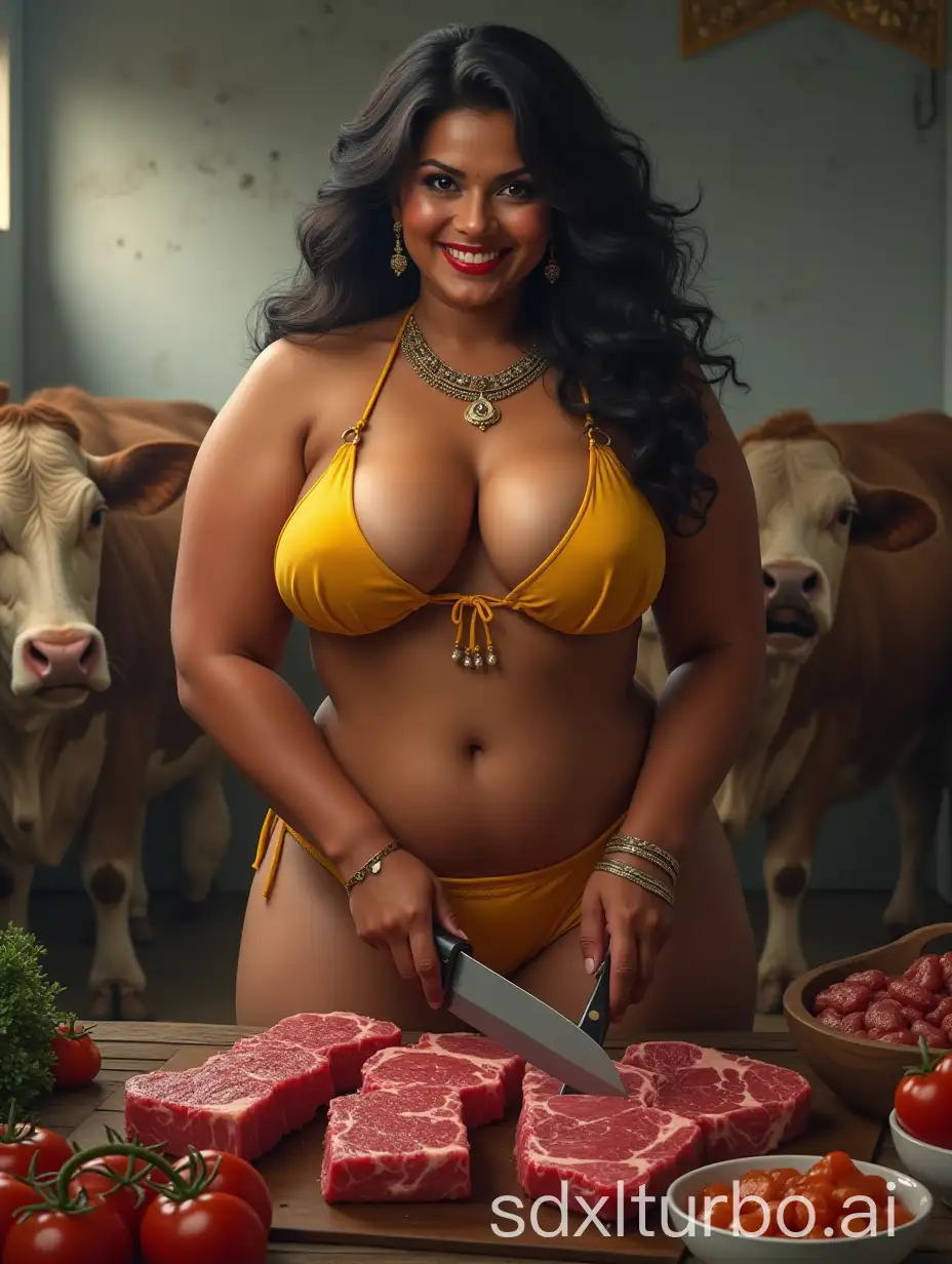 Plus-Size-Indian-Woman-in-Golden-Bikini-Chopping-Steaks