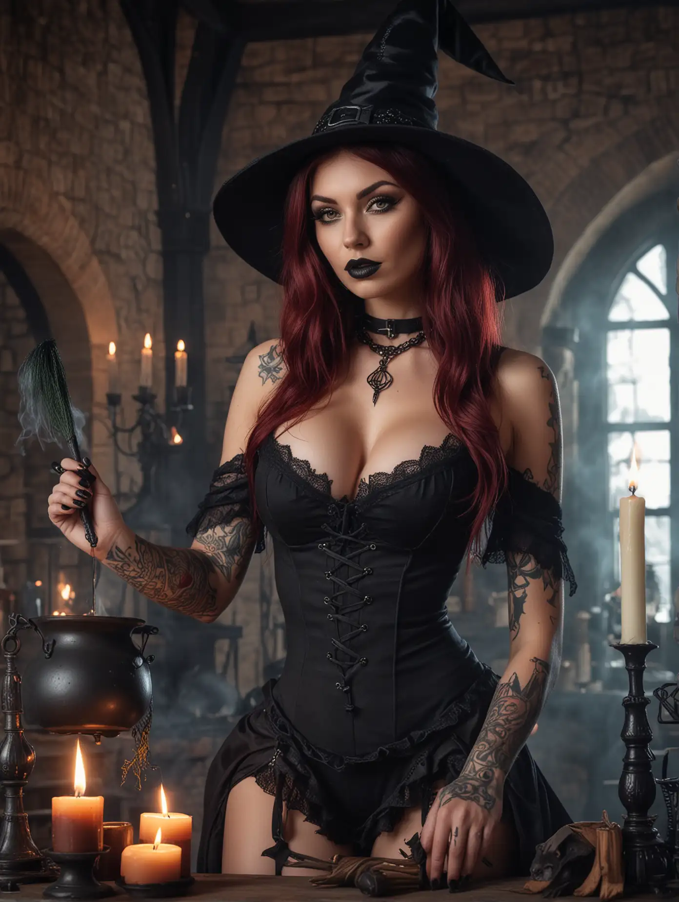 Tattooed-Witch-Cosplaying-in-Fantasy-Castle-with-Green-Potion-and-Gothic-Accents