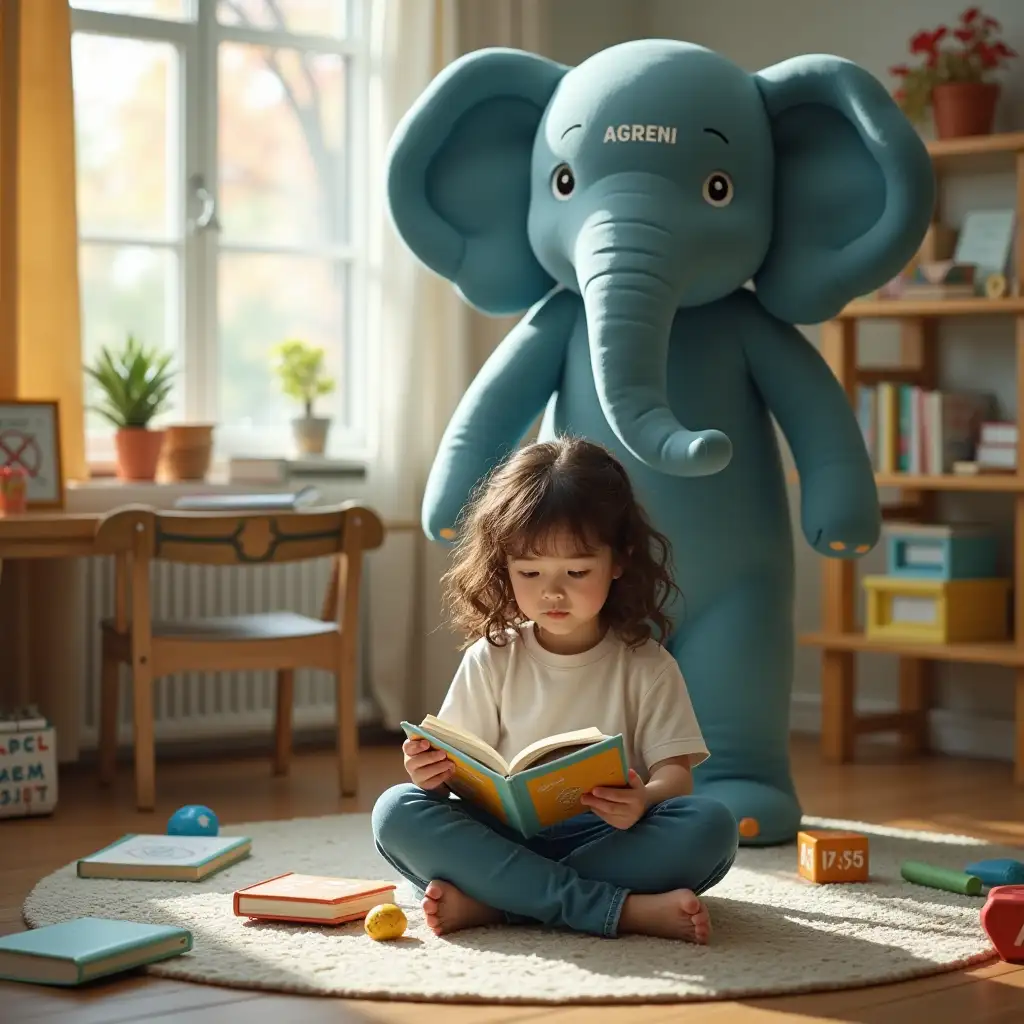 user_prompt: A lively and comfortable room atmosphere, with a secondary school girl, with young brown curly hair, wearing a school uniform with a white upper part and old blue pants. She is sitting on a soft learning carpet on the floor, surrounded by various specially designed school textbooks to stimulate her academic knowledge. Right above her stands a four times larger than her elephant toy that almost touches the ceiling of the room. The elephant toy has the word 'AGRENI' clearly written on its head. Around it are other learning media: cube-shaped math formula flashcards, a carpet with texture under her feet, with various patterns and shapes protruding, and academic toys that emit soft moving light nearby.