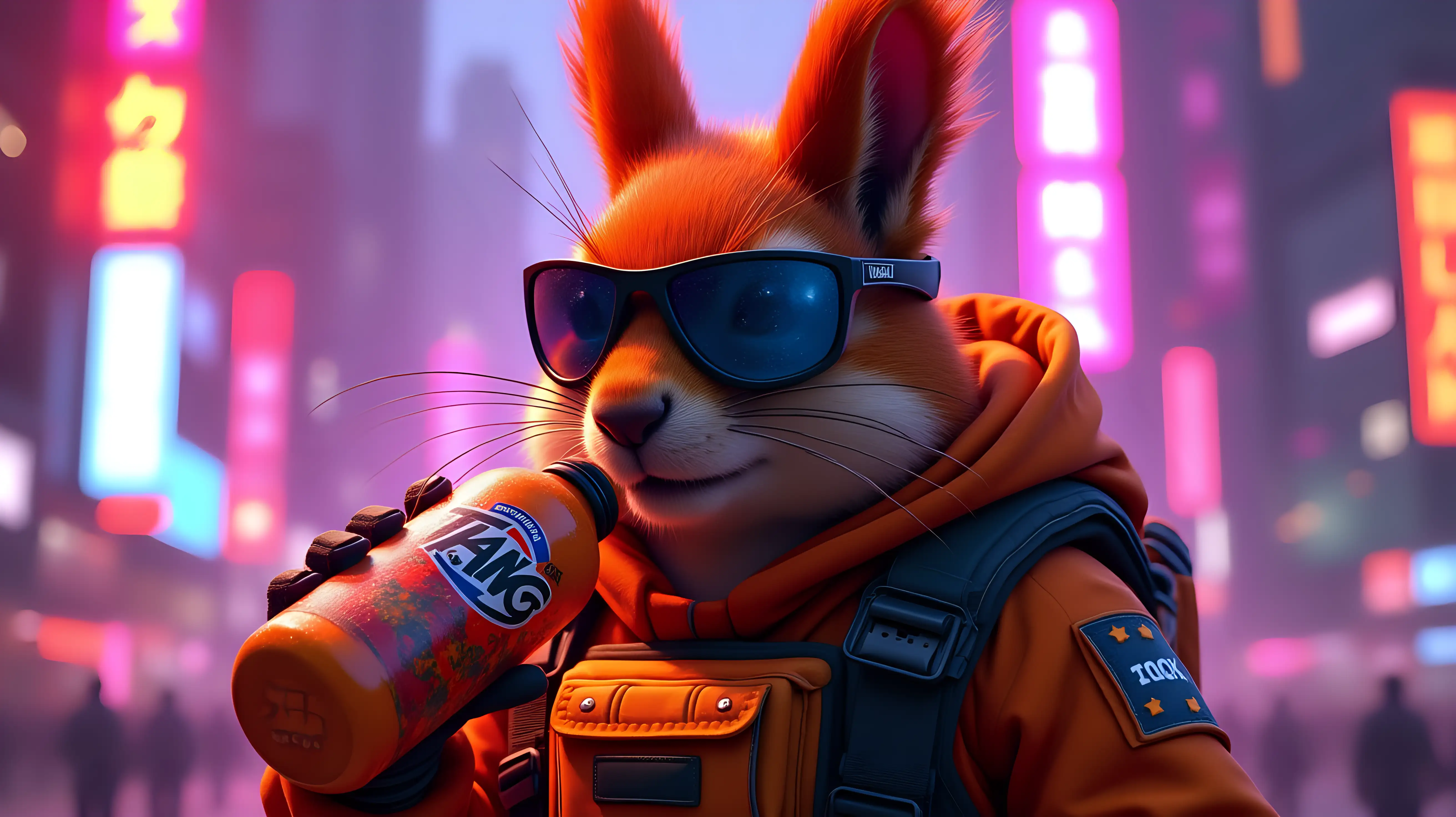 Hyper-realistic red squirrel with vivid glowing orange-red fur, battle-worn fur texture with subtle scars, rugged details, fierce focused expression with a natural confident smirk reminiscent of Pepe memes but realistic and intimidating, wearing military tactical gear in orange camouflage with neon orange highlights, heavy body armor, tactical straps, pouches, combat gloves, and reflective dark tactical sunglasses capturing neon lights, drinking from a realistic Tang bottle with condensation droplets and glowing neon reflections, gripping the bottle firmly, set in a neon-lit futuristic cityscape in vibrant purple and pink hues symbolizing Pulsechain, towering skyscrapers glowing with neon signs, slightly blurred neon city background for depth of field, dramatic cinematic lighting, gritty 1980s synthwave aesthetic, photographic realism, ultra-detailed, sharp focus