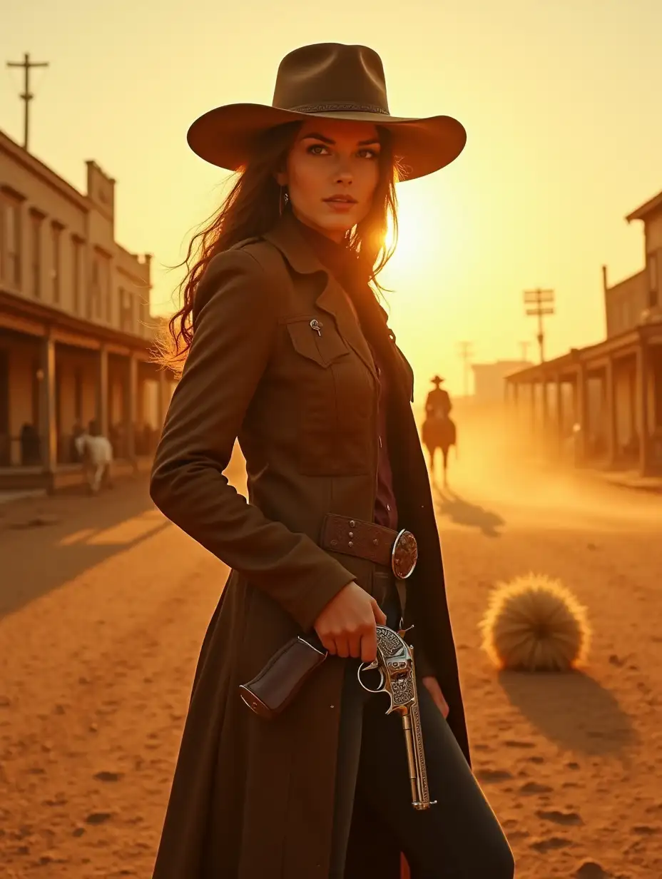 A young woman stands alone in the middle of a dusty frontier town, dressed in gritty, rugged cowboy attire—a long, weathered leather coat, a wide-brimmed hat tilted slightly forward, casting a shadow over her determined eyes. She grips a polished revolver at her hip, the handle engraved with intricate silver filigree. The sun is low, burning orange, stretching her silhouette across the cracked earth. A tumbleweed rolls lazily across the empty street, as the distant sound of a saloon piano echoes through the hot, dry air. The image is sun-scorched and cinematic, with heavy contrasts, rich sepia tones, and a grainy, filmic texture. Her expression is unshakable—stoic, fearless, ready for whatever duel the frontier throws at her. Dust rises behind her as a lone rider approaches from the distance, setting the stage for an unforgettable western showdown.