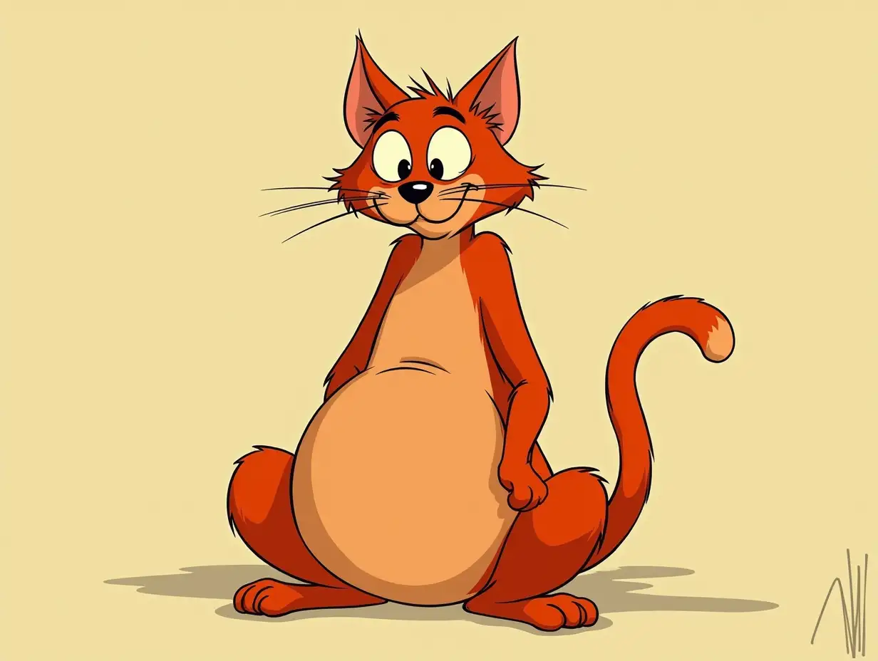 skinny red cat with a potbelly sitting, wrinkles on belly, facing the viewer, Chuck Jones style