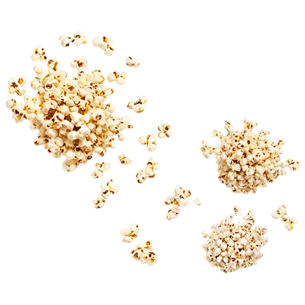 A dynamic burst of delicious popcorn kernels flying through the air, isolated on a transparent background. Each piece is light, fluffy, and golden, with realistic textures and slight shadows. The popcorn appears freshly popped, with some kernels mid-motion, creating an energetic and appetizing effect.