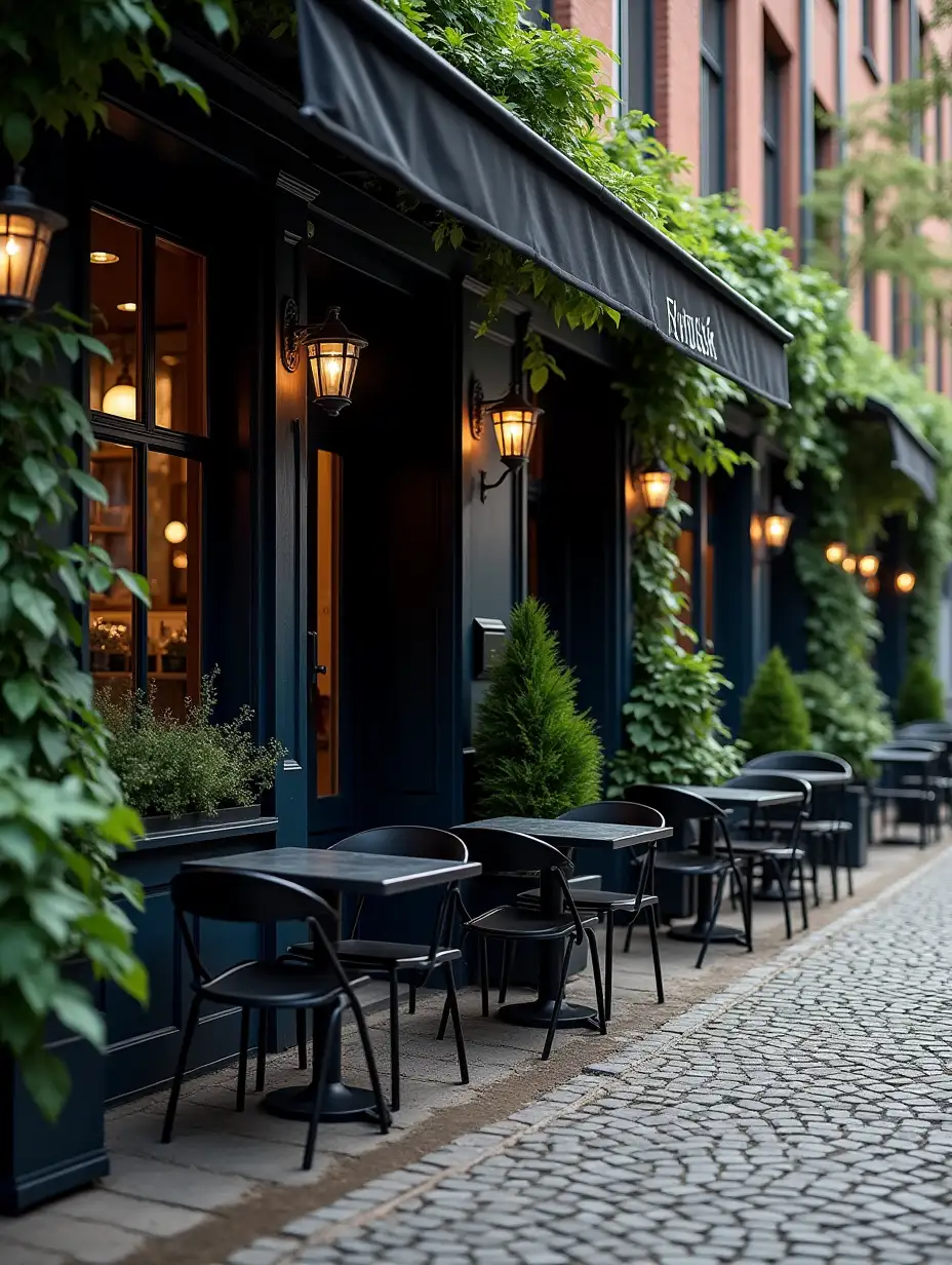Cozy-Cobblestone-Street-Cafe-with-Outdoor-Seating-and-Greenery