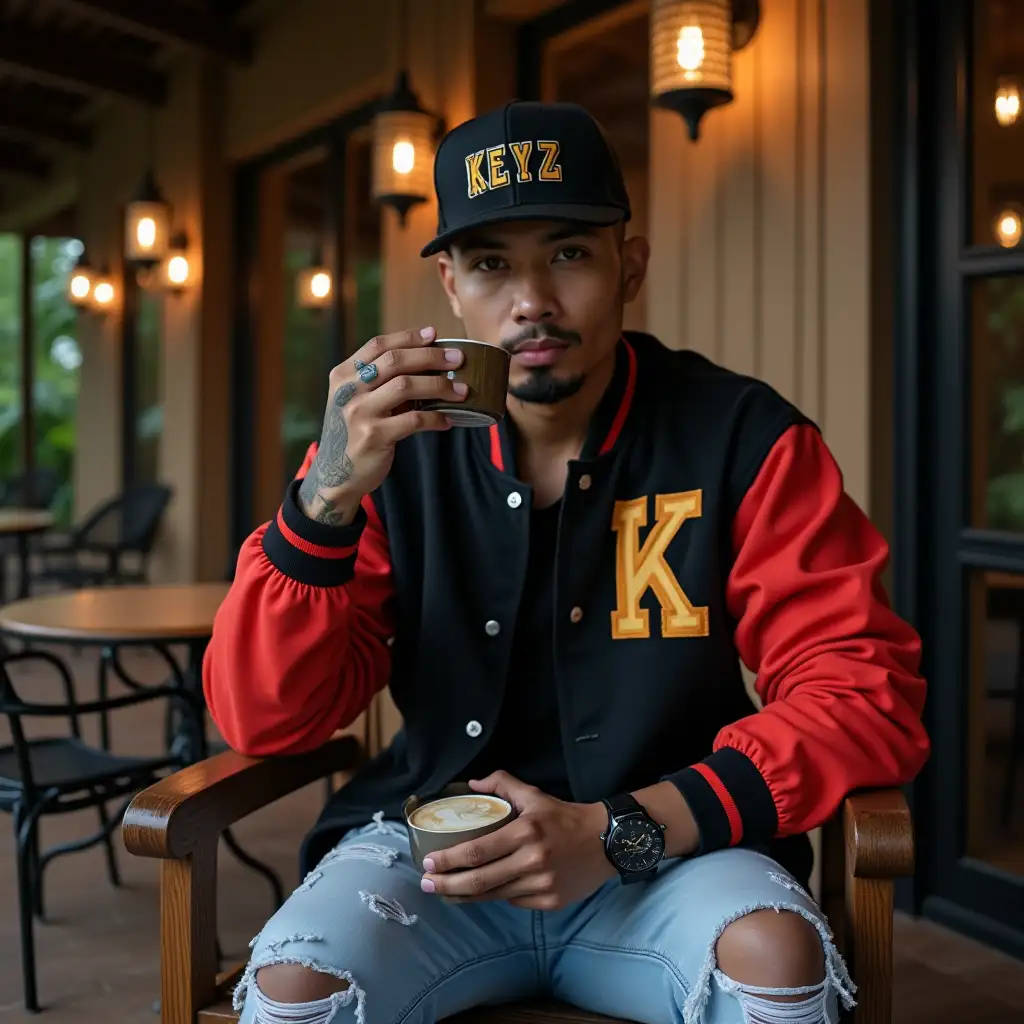 Handsome-Indonesian-Man-in-Stylish-Black-Jacket-Enjoying-Coffee-at-Outdoor-Terrace