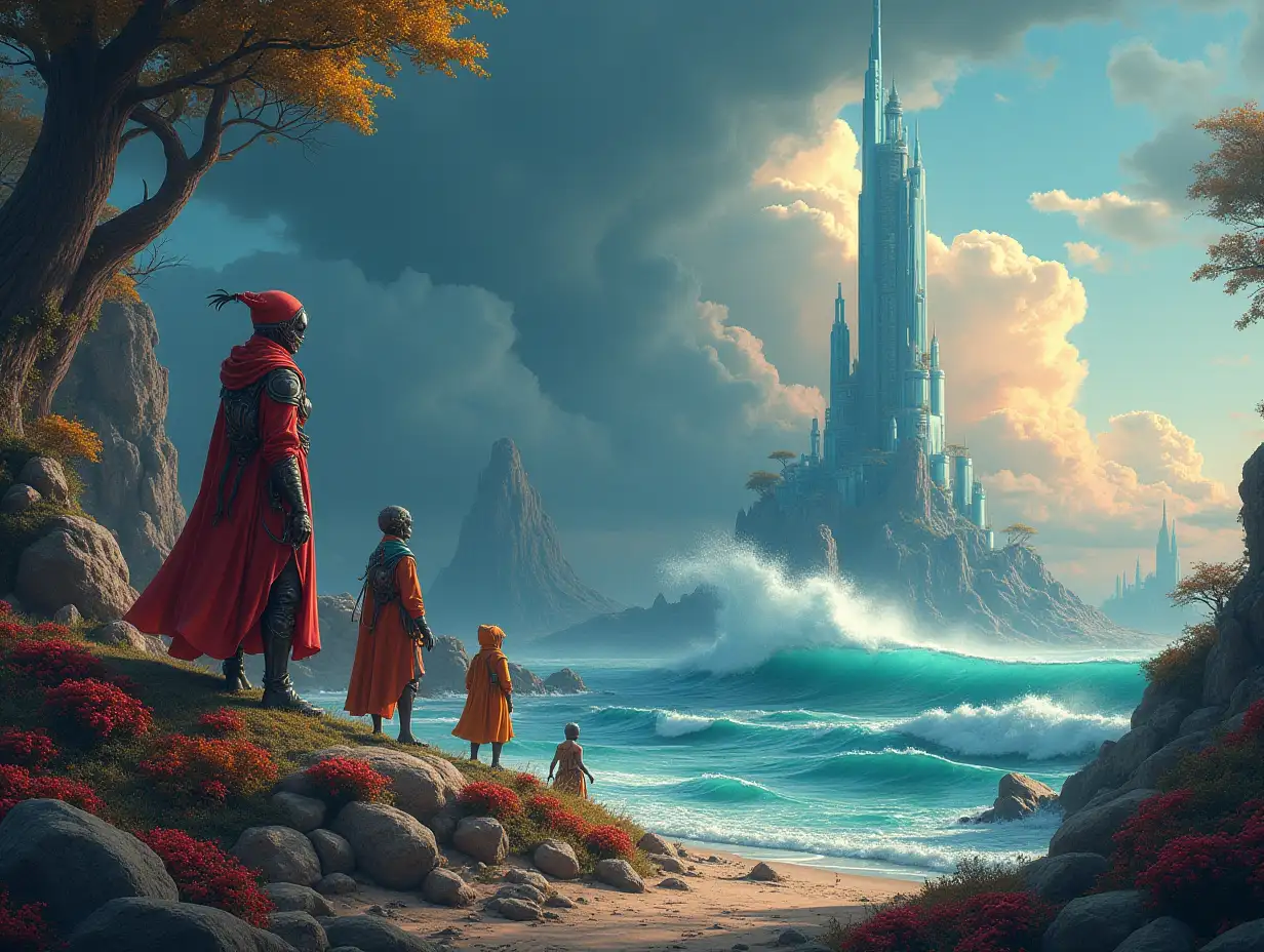 Hyperrealistic portrait of a multiverse time traveler with various alien beings-detailed, colorful oasis with dark clouds and futuristic glass tower in the background, the sea with giant wave