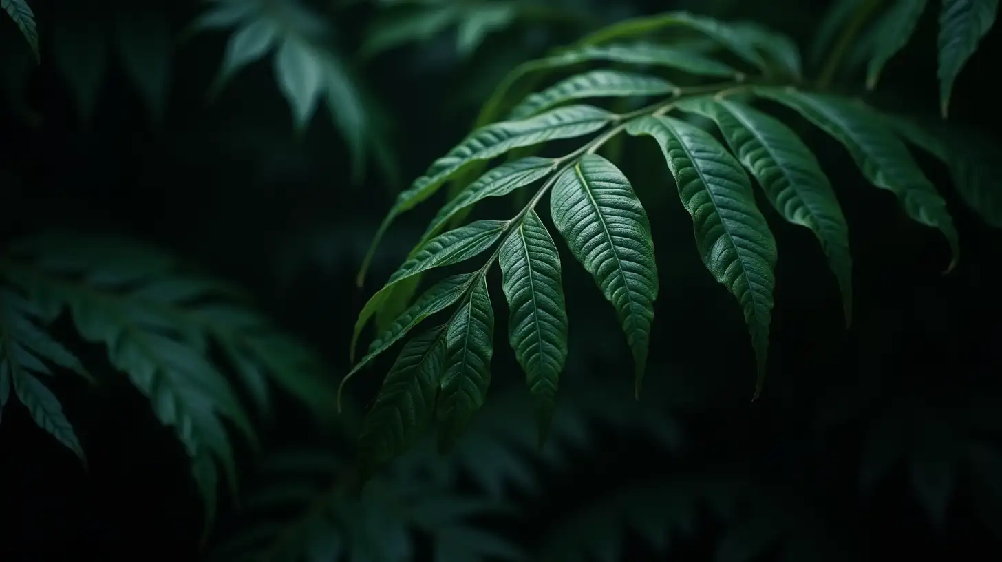 hyper realistic extreme detail of leaves somewhere deep jungle in the Darien Gap with exaggerated prehistoric-like vegetation at night