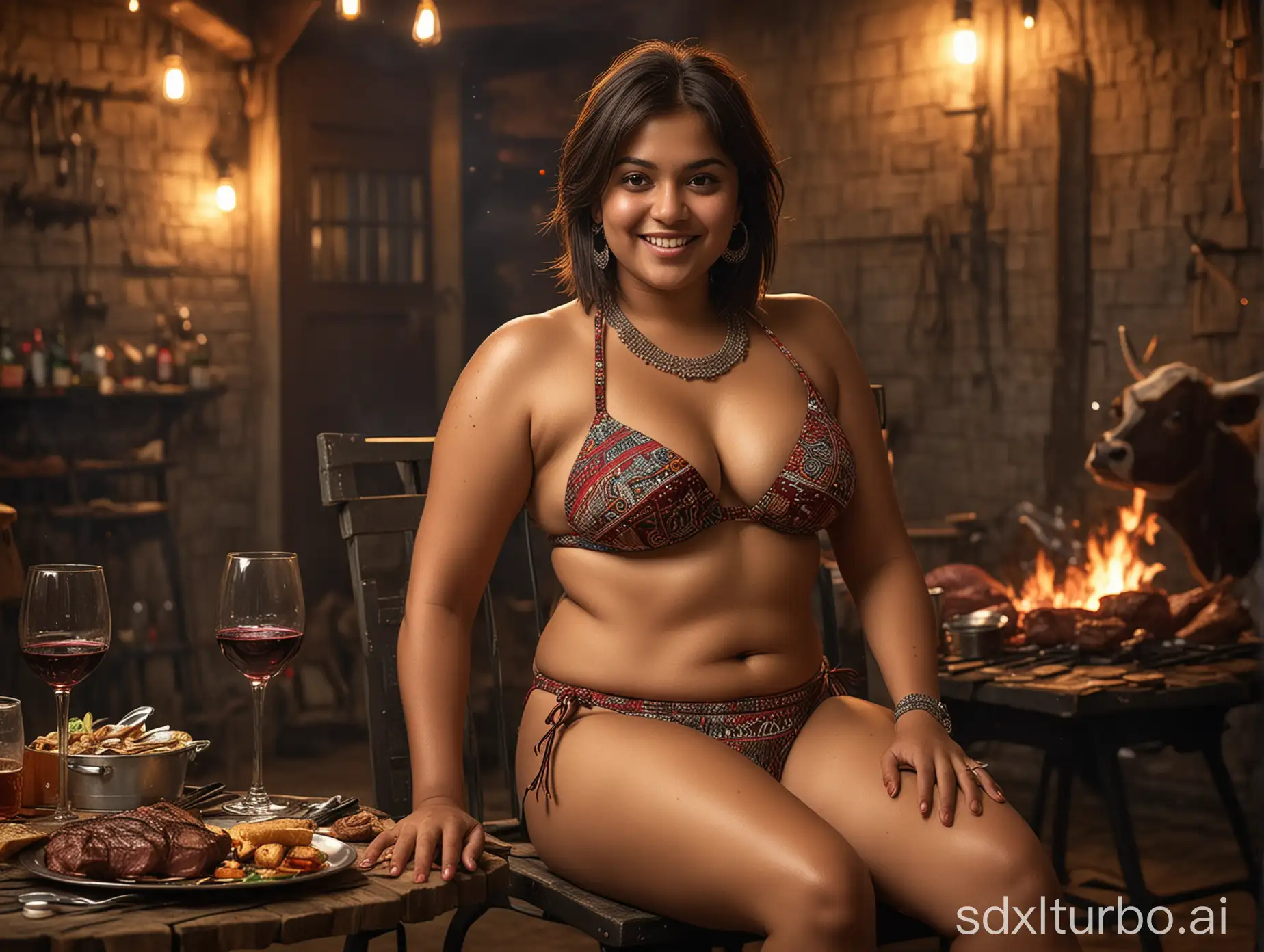 Indian-Girl-Roasting-Beef-Over-Grill-with-Cow-in-Background