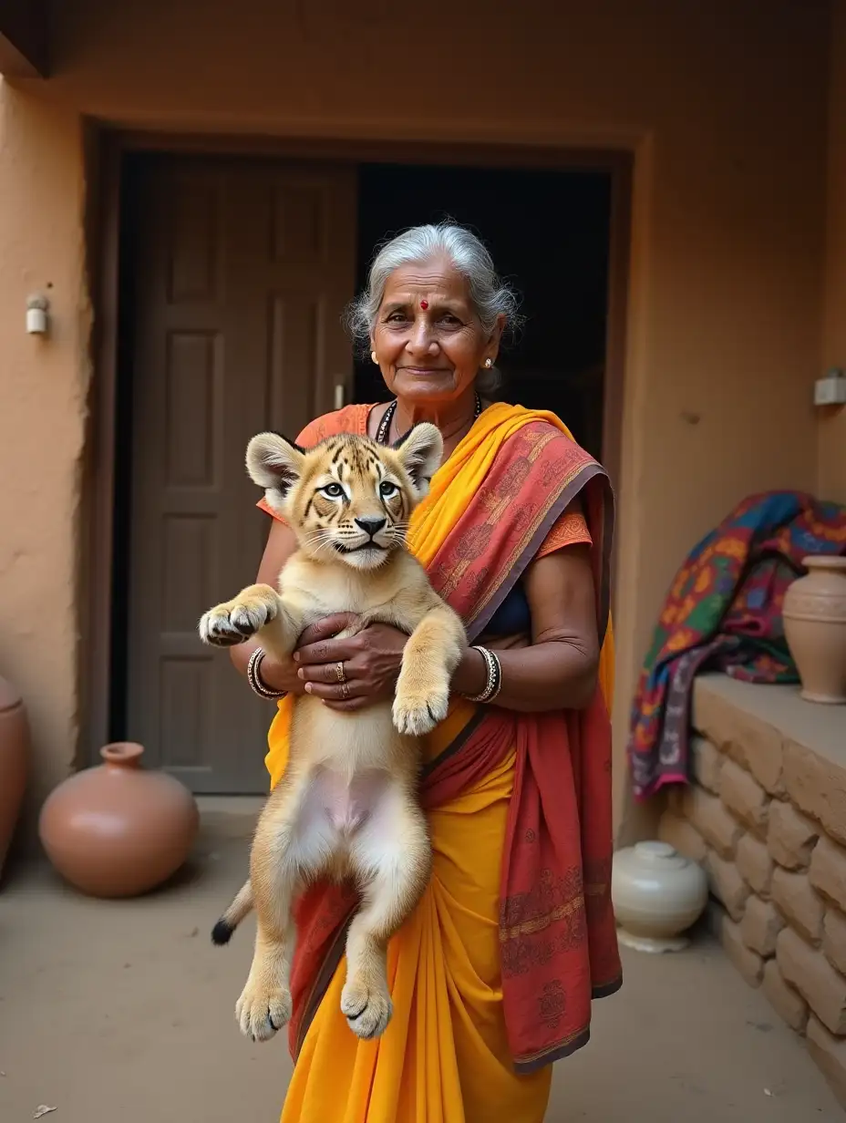 An elderly Indian woman wearing traditional attire, such as a saree, holding a lively lion cub in her hands. The lion cub is moving playfully, adding a dynamic element to the scene. The background is a classic Indian village home with earthy tones, mud walls, and rustic decor. Elements like a wooden door, clay pots, and colorful fabrics enhance the authentic village atmosphere. The composition captures a warm connection between the woman and the lion cub, emphasizing tradition, care, and nature in a harmonious setting.