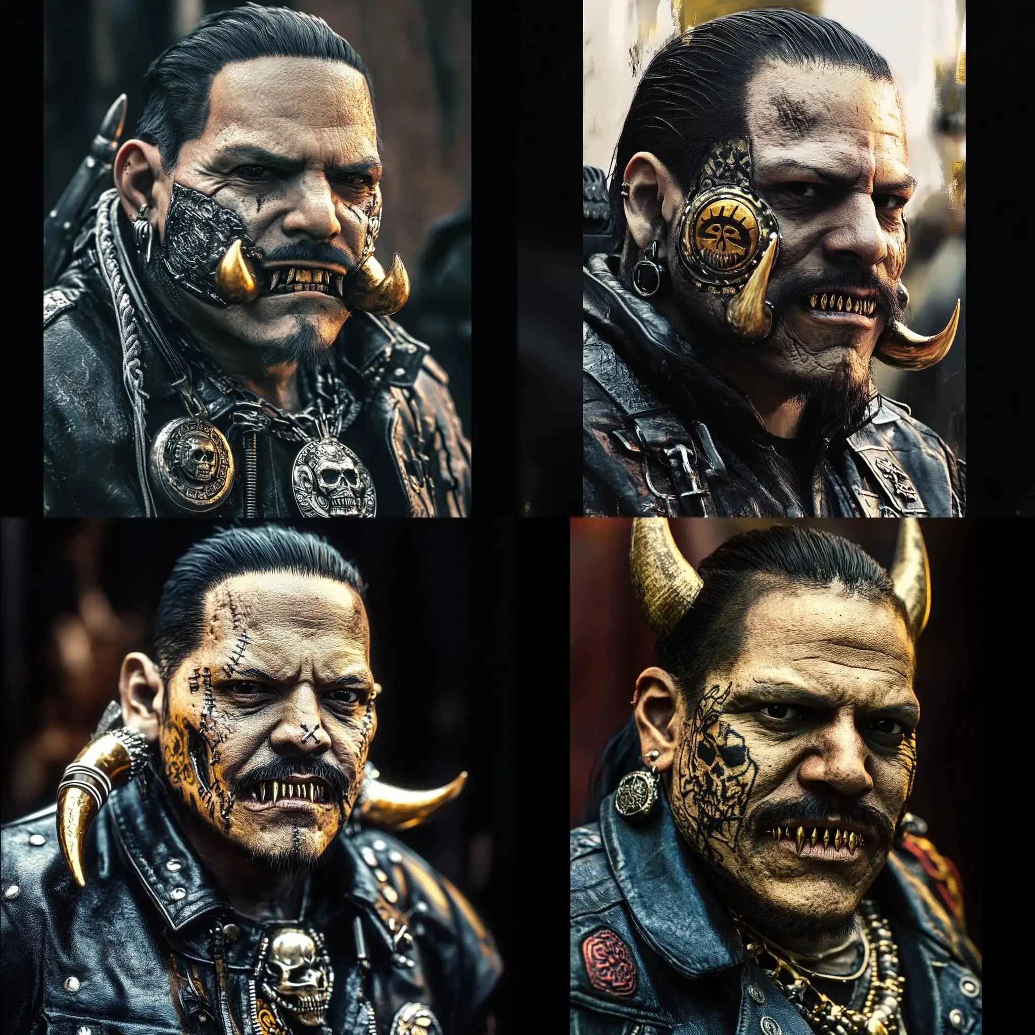 Cyberpunk-Latino-Biker-with-Prosthetic-Golden-Jaw-and-Aztec-Heritage