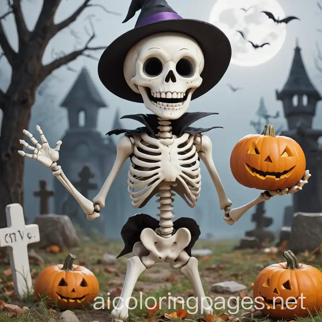 Spooky-Halloween-Skeleton-with-JackoLantern-in-a-Graveyard