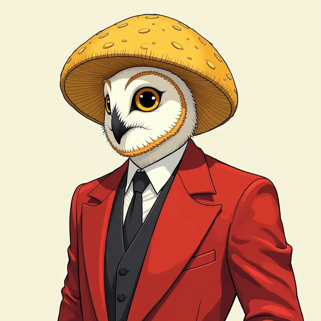 create a man in a red suit wearing a white owl mask with a yellow mushroom cap, make the style that of a drawing