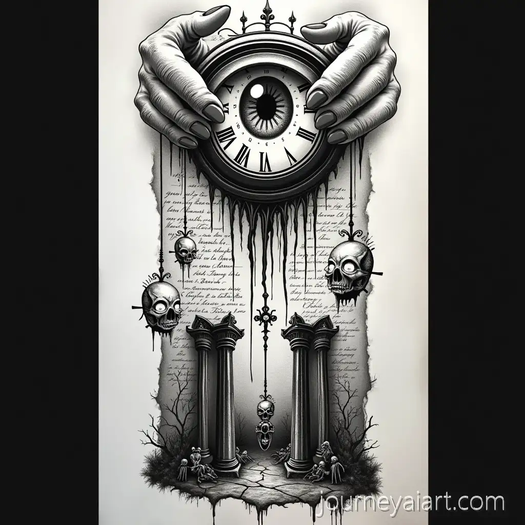 Detailed-Black-and-White-Horror-Tattoo-Design-with-DemonicHorror-tattoo-design-Themes-and-Latin-Inscriptions