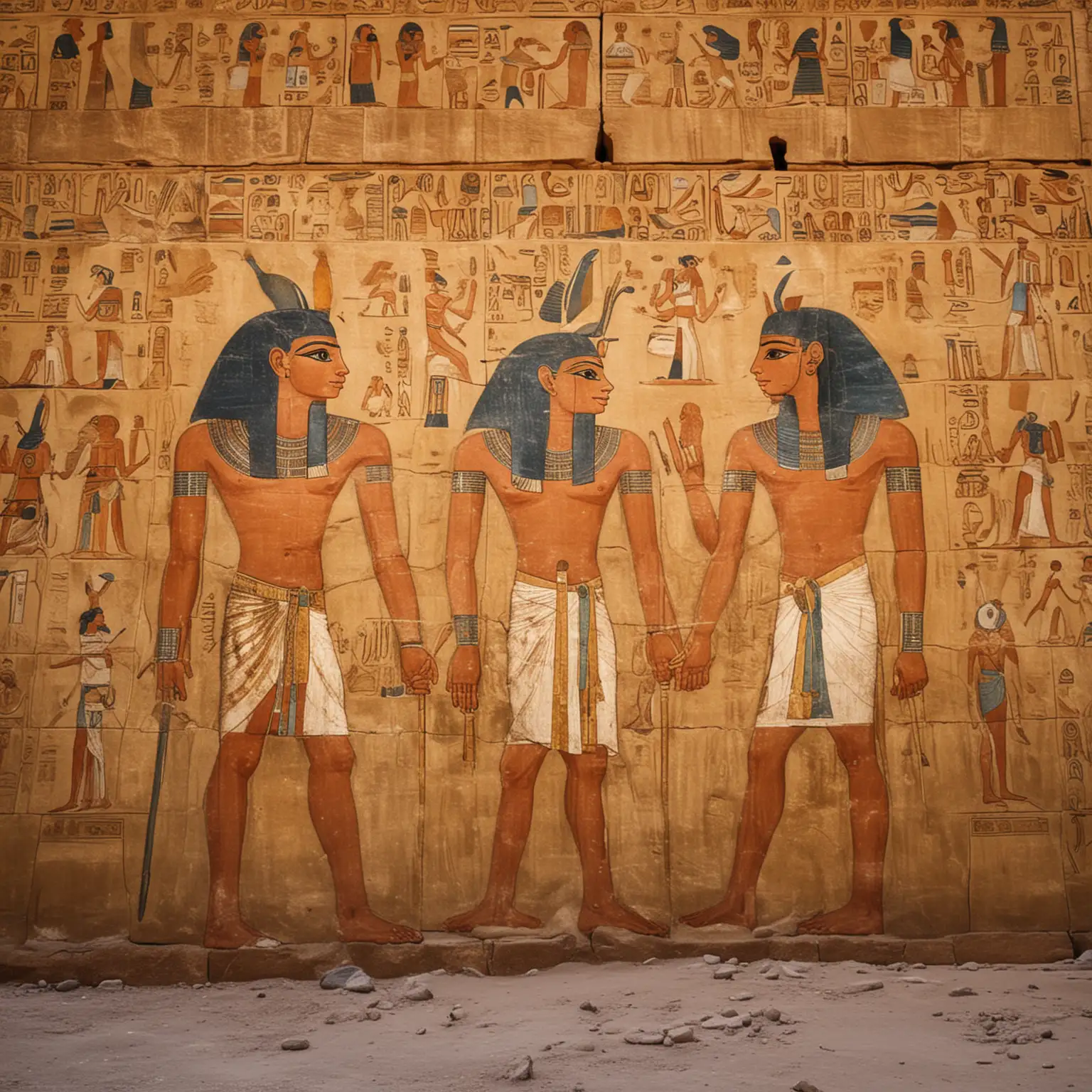 Egyptian frescoes on the stone wall of the pyramid front view the central part of the painting is illuminated, the edges are in light twilight