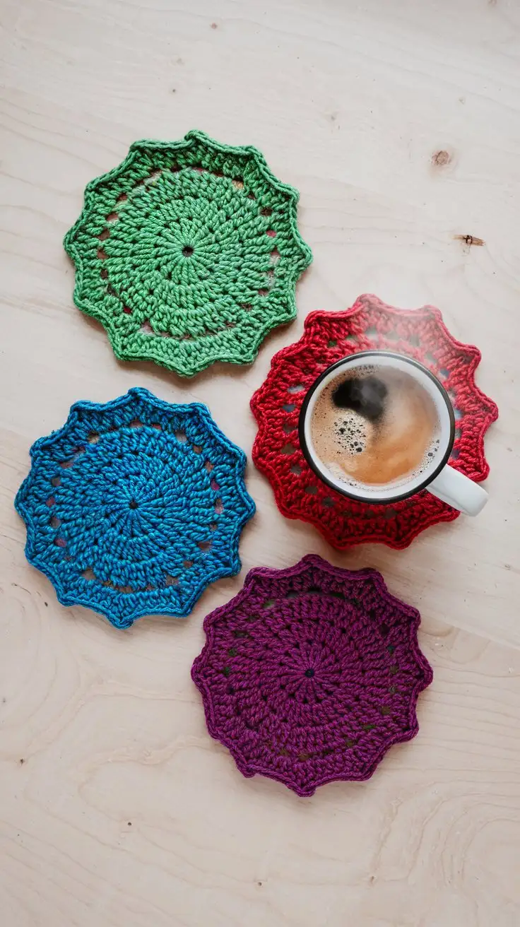 Vibrant-JewelToned-Crocheted-Coasters-with-Steaming-Mug-on-Wooden-Surface