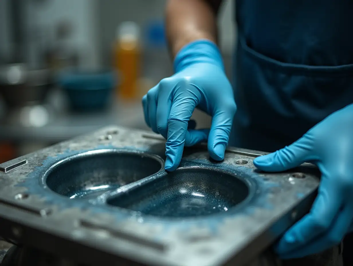 rubber products factory. laborer fills silicone in metal mold for enema