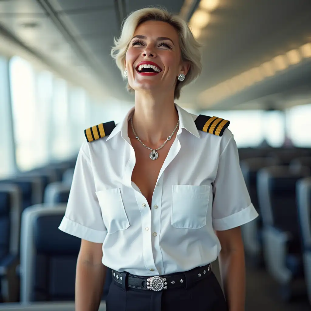 white norvegian pilot lady, in white deep-necked pilot shirt, laughing with her mouth open, red lipstick accentuating her smile,belt on waist, big wide hips, chest are fully grown, jewerly, short hair, HD, enjoying at airport , photo-realism