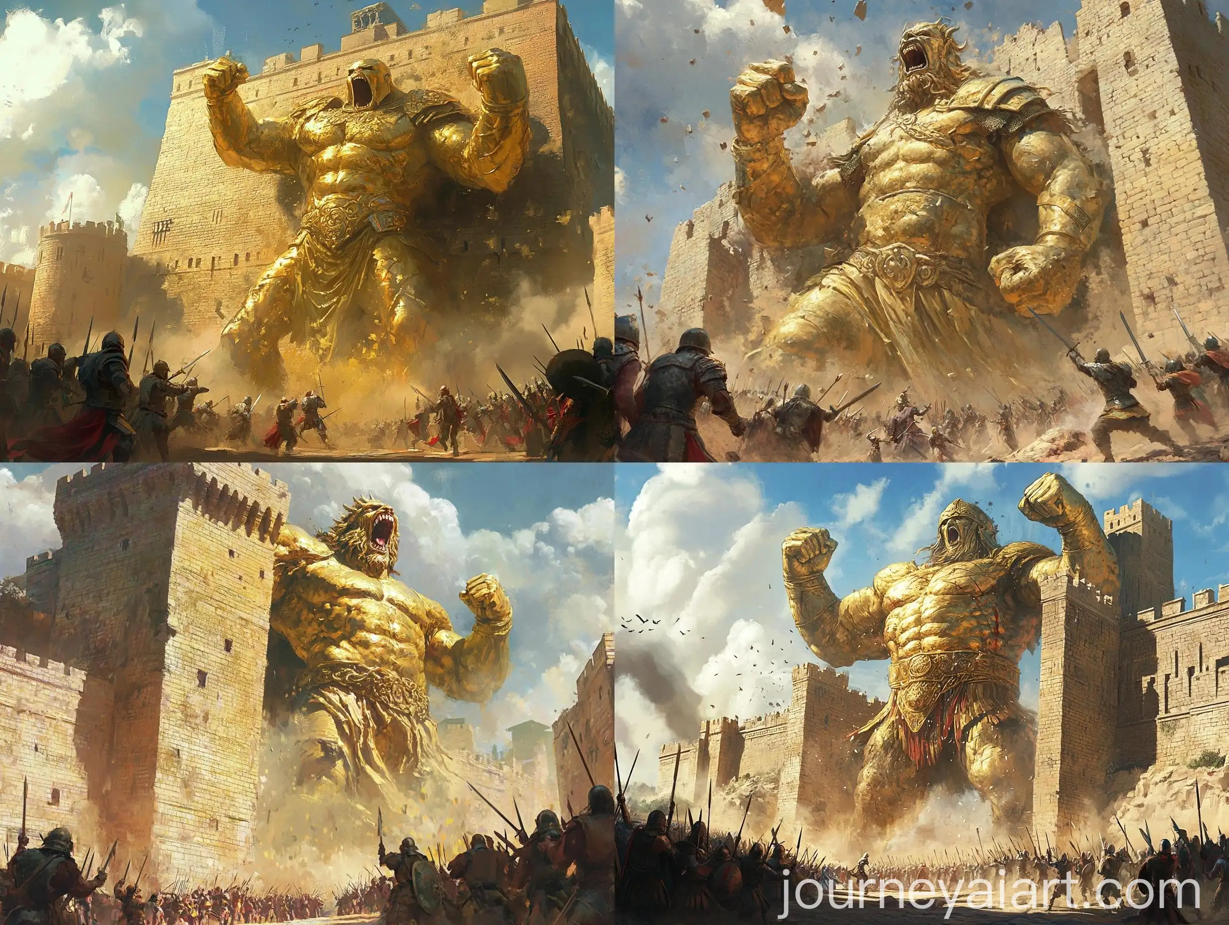 Giant-Golden-Statue-in-Toga-Smashes-Old-Castle-Wall-Amid-Fleeing-Warriors