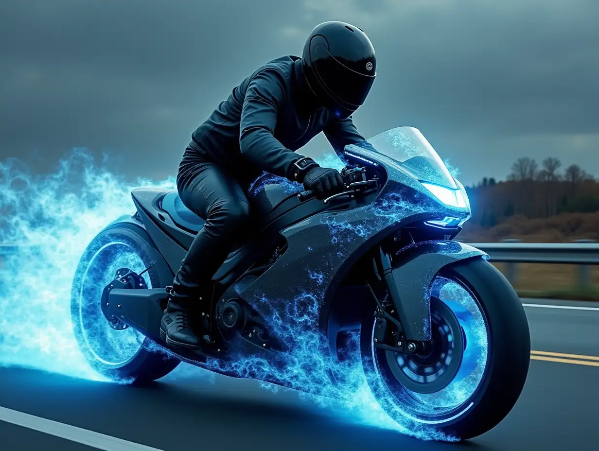 A man with black riding suit and helmet, ride electric black motorcycle running high speed on highway road , cinematic environment, its body composed entirely of intense blue flames, with intricate details in its wheels and front lamp  that resemble flowing fire, exuding power and speed, realistic, cinematic lighting, high detail, intense contrast, realistic textures, and shadows.