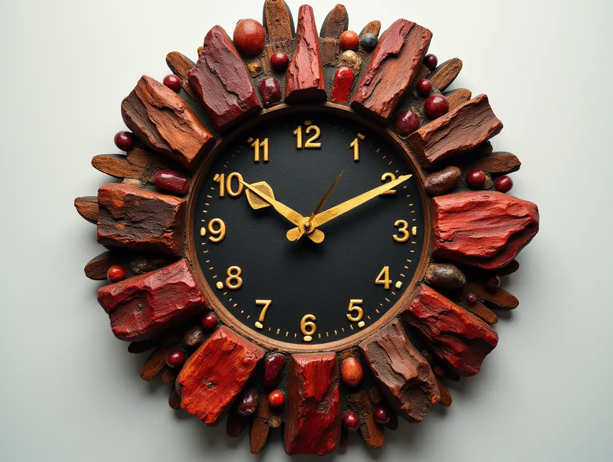 Harz mixed with wood, wall clock with red stones, brown gold black