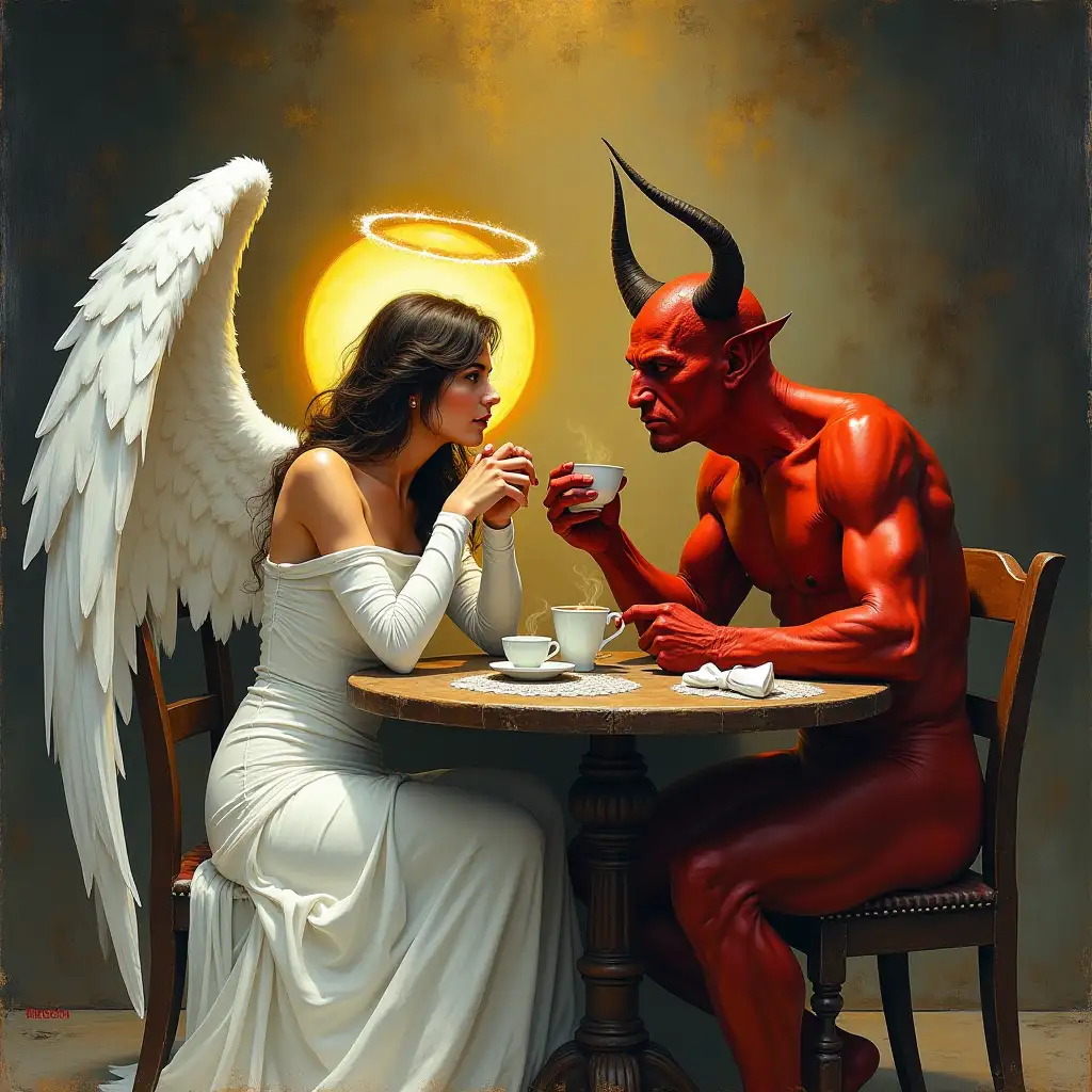 A woman angel in white snowy clothing, with a golden halo shining above her head, sitting at a table in the underground room and drinking coffee with a red-skinned male devil with a horn, in Frank Frazetta style, graphic style, grunge background, oil painting, airbrush, comic art